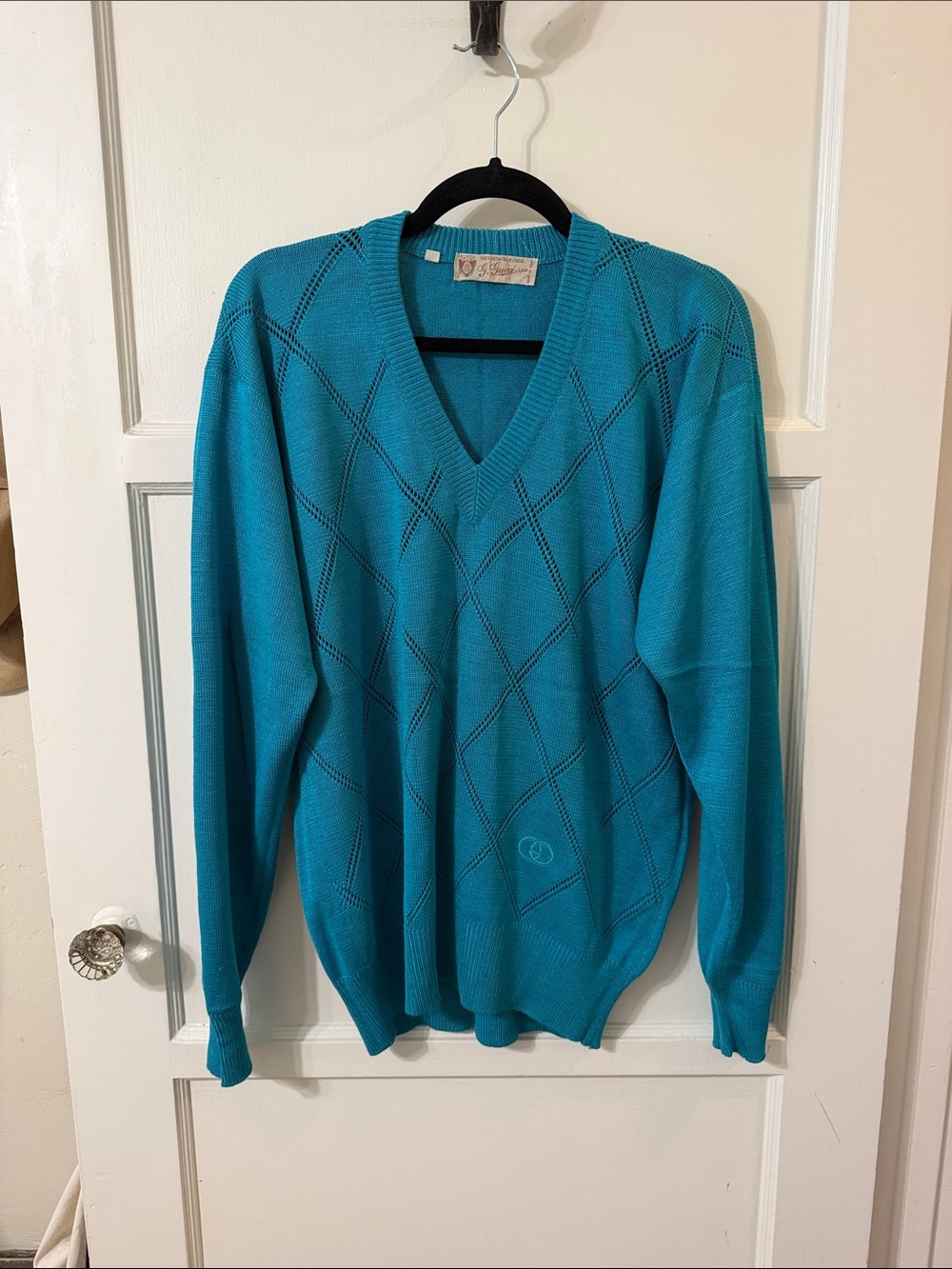 Gucci Men's Teal V-Neck Argyle Knit Sweater